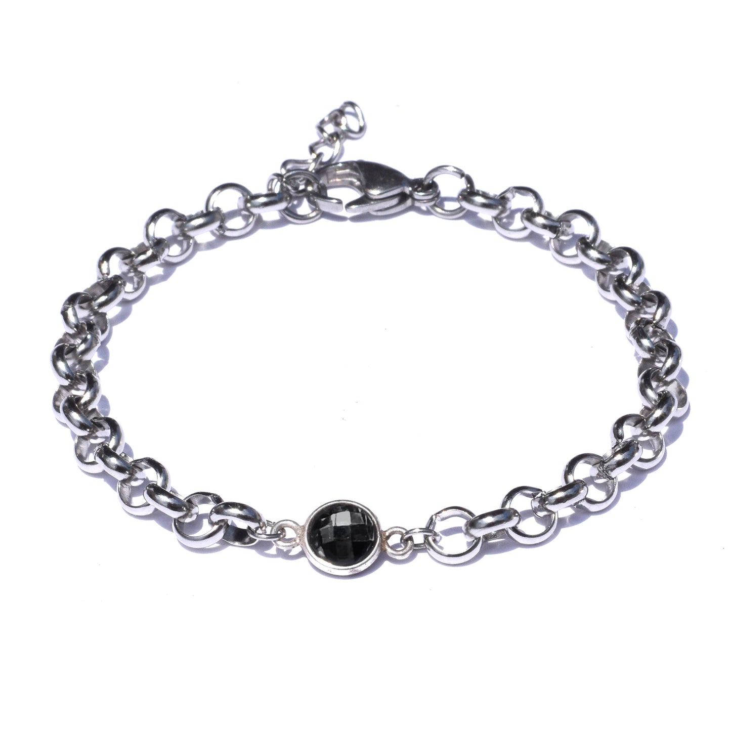 This Rolo Chain Bracelet, crafted from stainless steel, includes a Sterling Silver Bezel gemstone