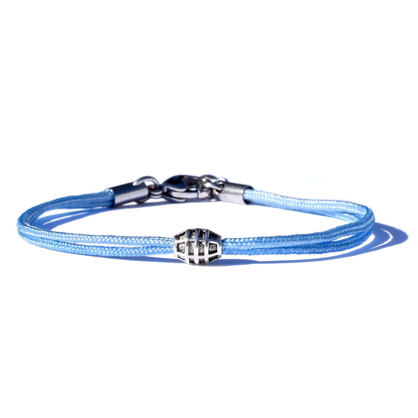 Sterling Silver Barrel bead baby blue Nylon cord bracelet
