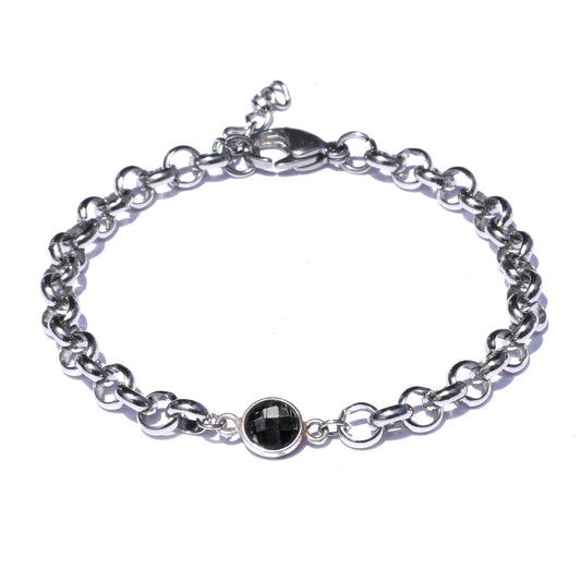 This Rolo Chain Bracelet, crafted from stainless steel, includes a Sterling Silver Bezel&nbsp; gemstone
