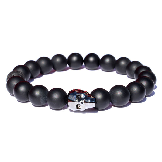 Swarovski crystal skull bracelet with black Onyx beads and Lava beads.